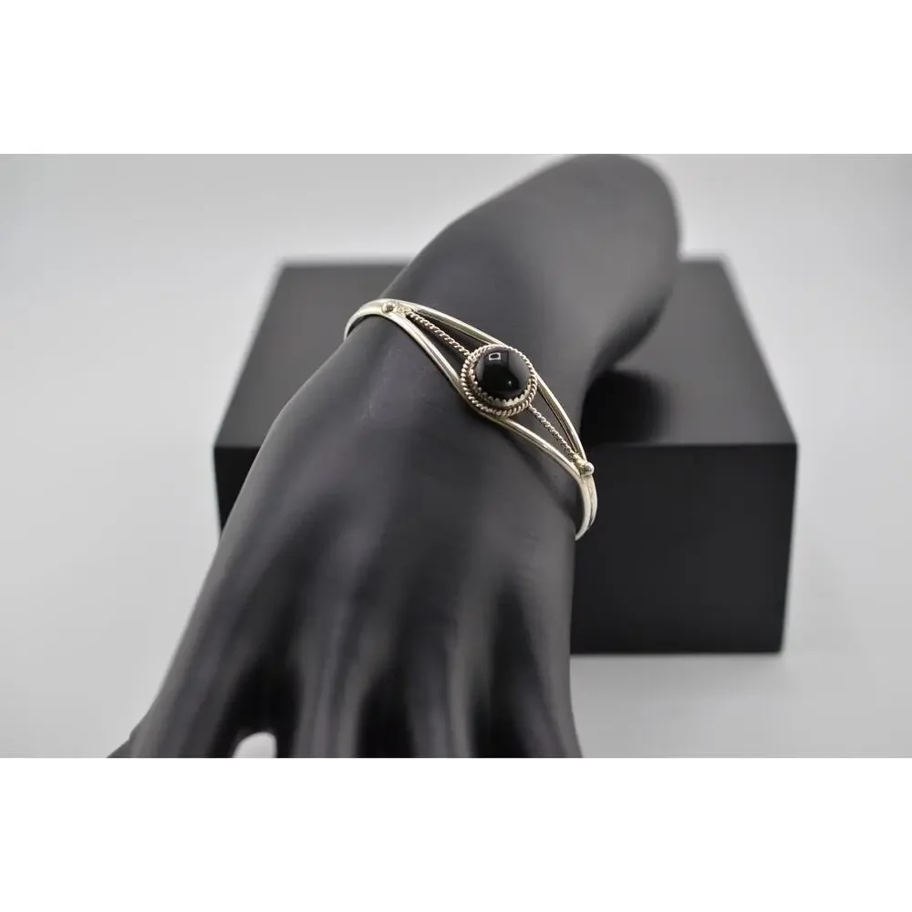 Native America Navajo Sterling Silver Black Onyx Bracelet Cuff By Ernest Wood
